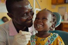 A father supporting his child during a dental check-up in a cheerful clinic