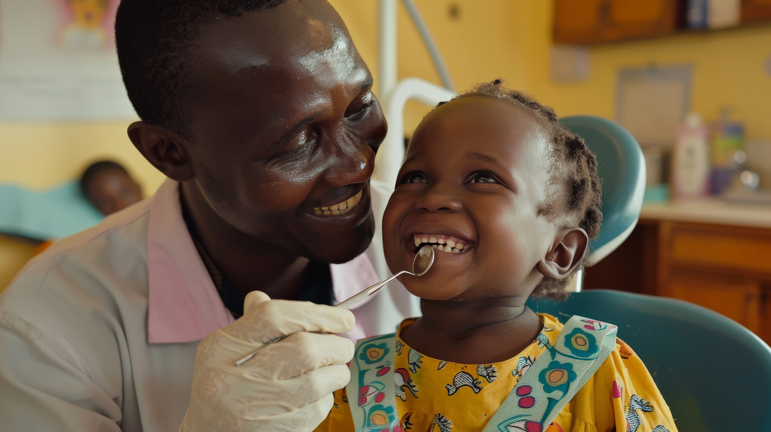 a father supporting his child during a dental check up in a cheerful clinic